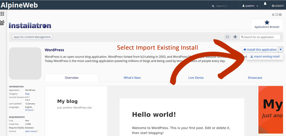 Import my WordPress into Installatron step 2
