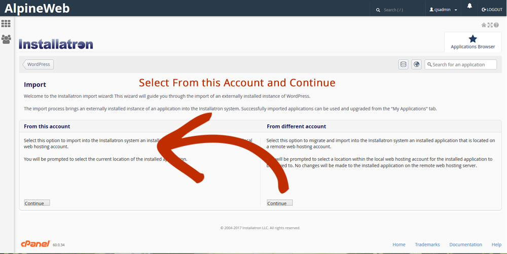 Import my WordPress into Installatron step 3