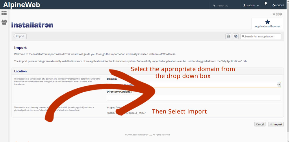 Import my WordPress into Installatron step 4