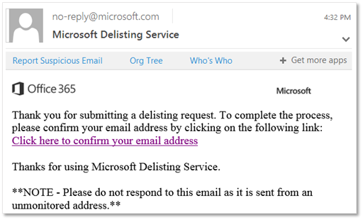 Screenshot of email received when you submit a request through the delist portal